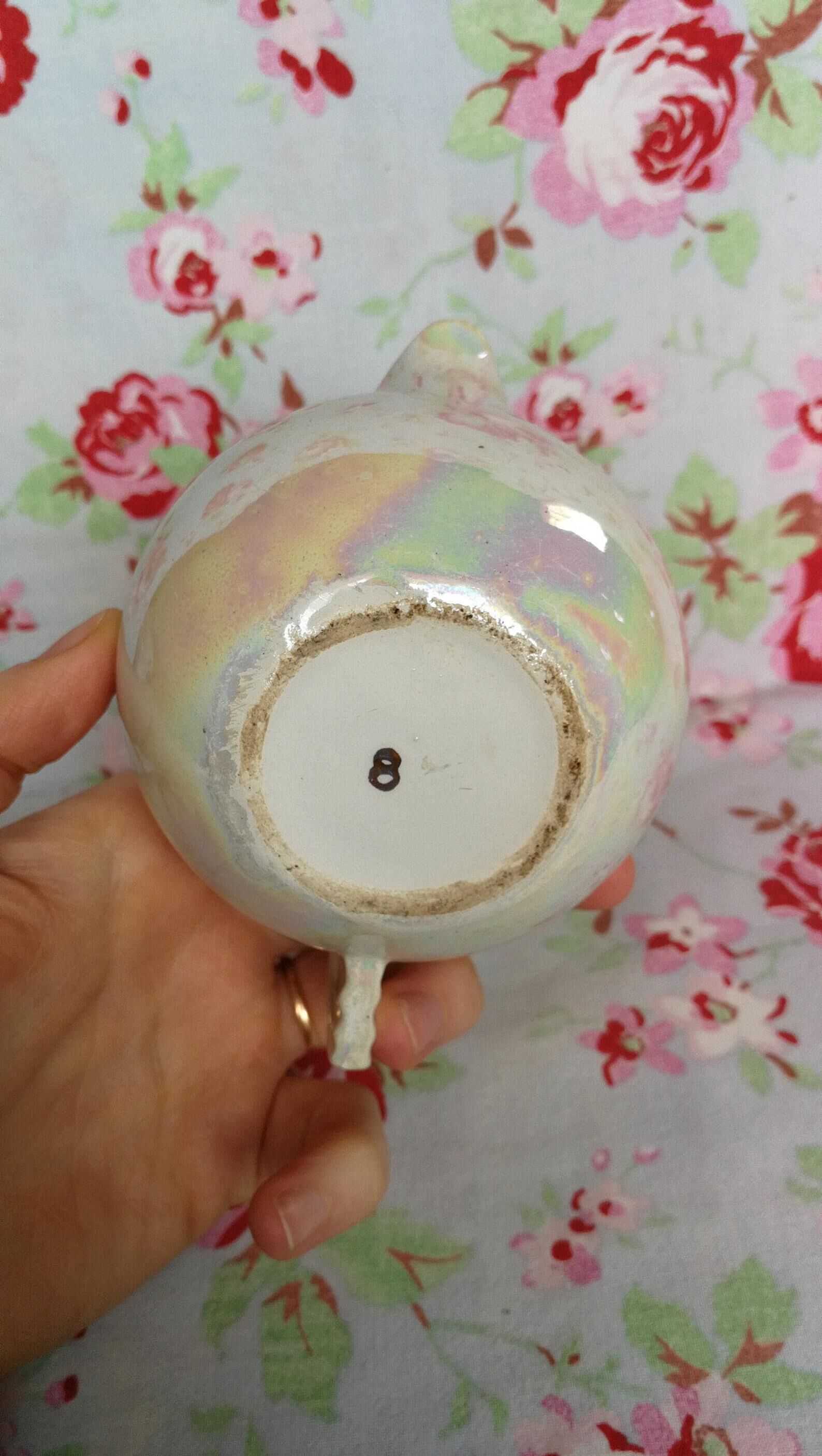Round milk pot old vintage pink iridescent metallic art deco