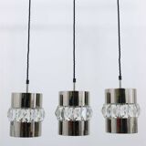 Three Bakalowits pendant lamps in nickel, brass, and faceted crystal, Austria, 1950s.