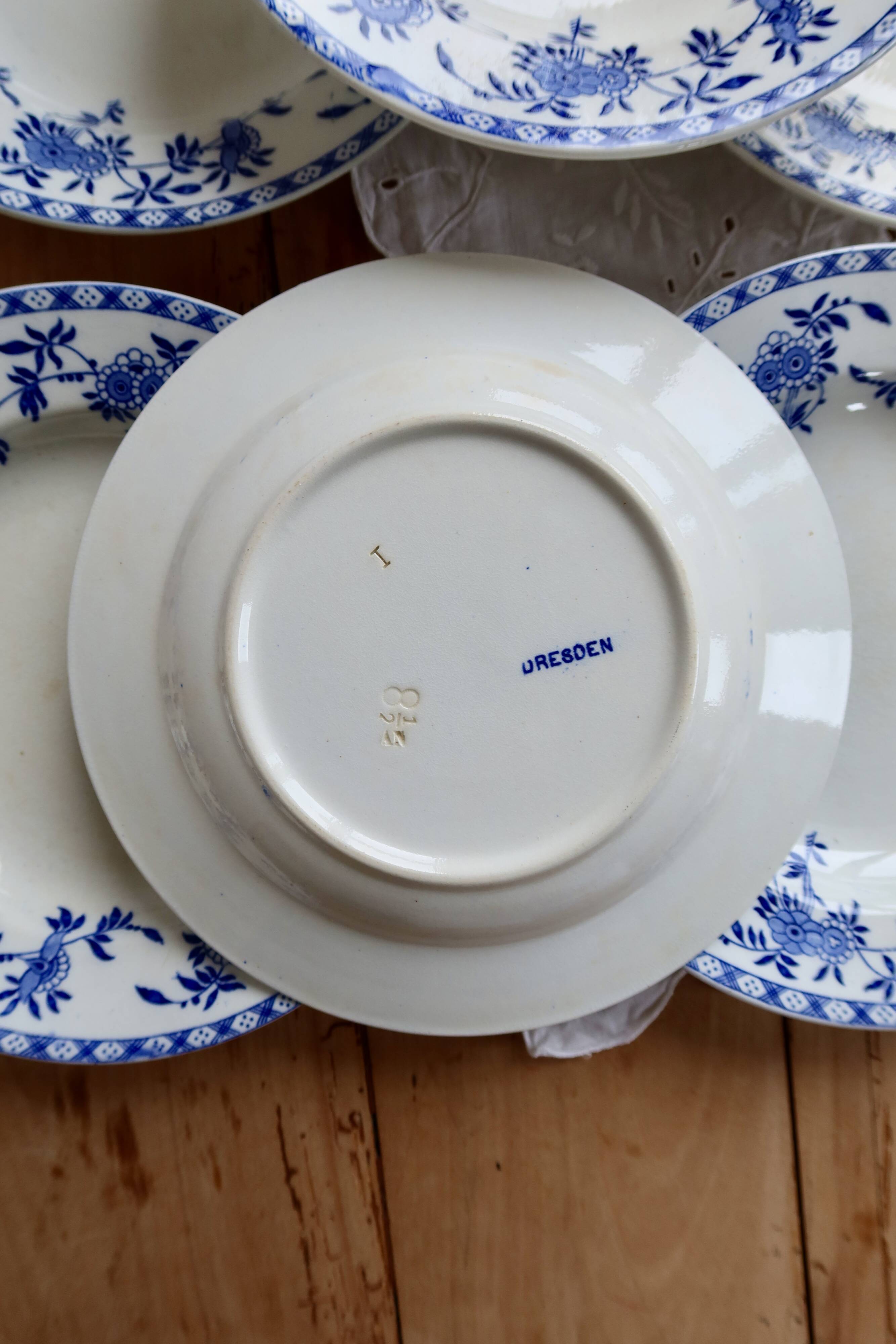 6 antique deep plates, blue and white Dresden porcelain