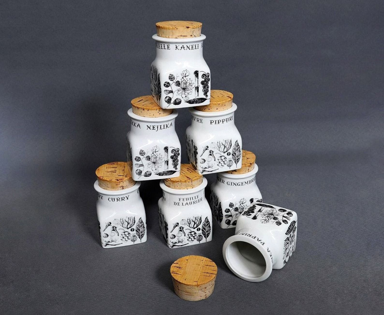Set of 7 Arabia Finland spice jars with cork stoppers, Esteri Tomula