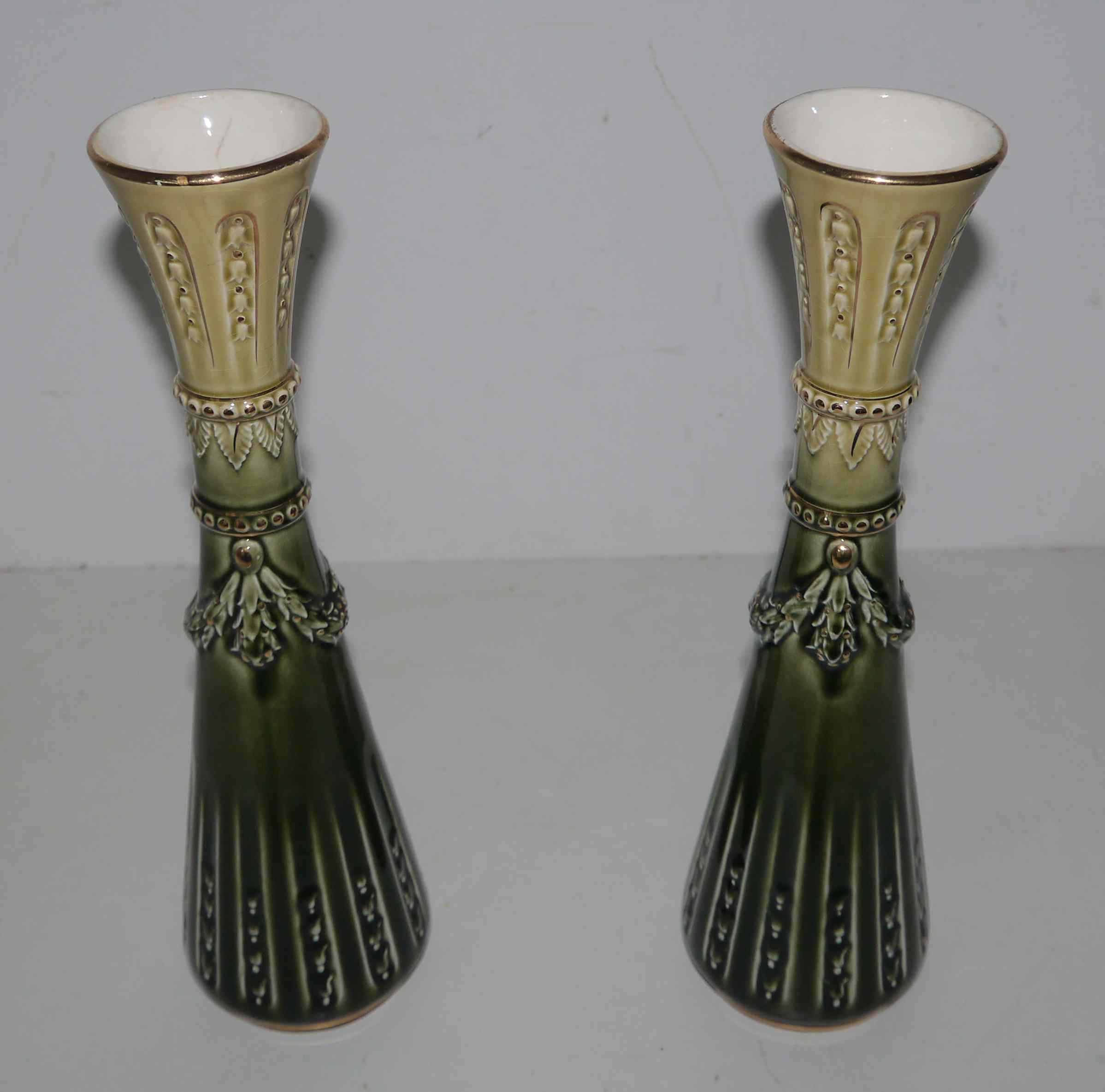Pair of art deco soliflore vases in slurry