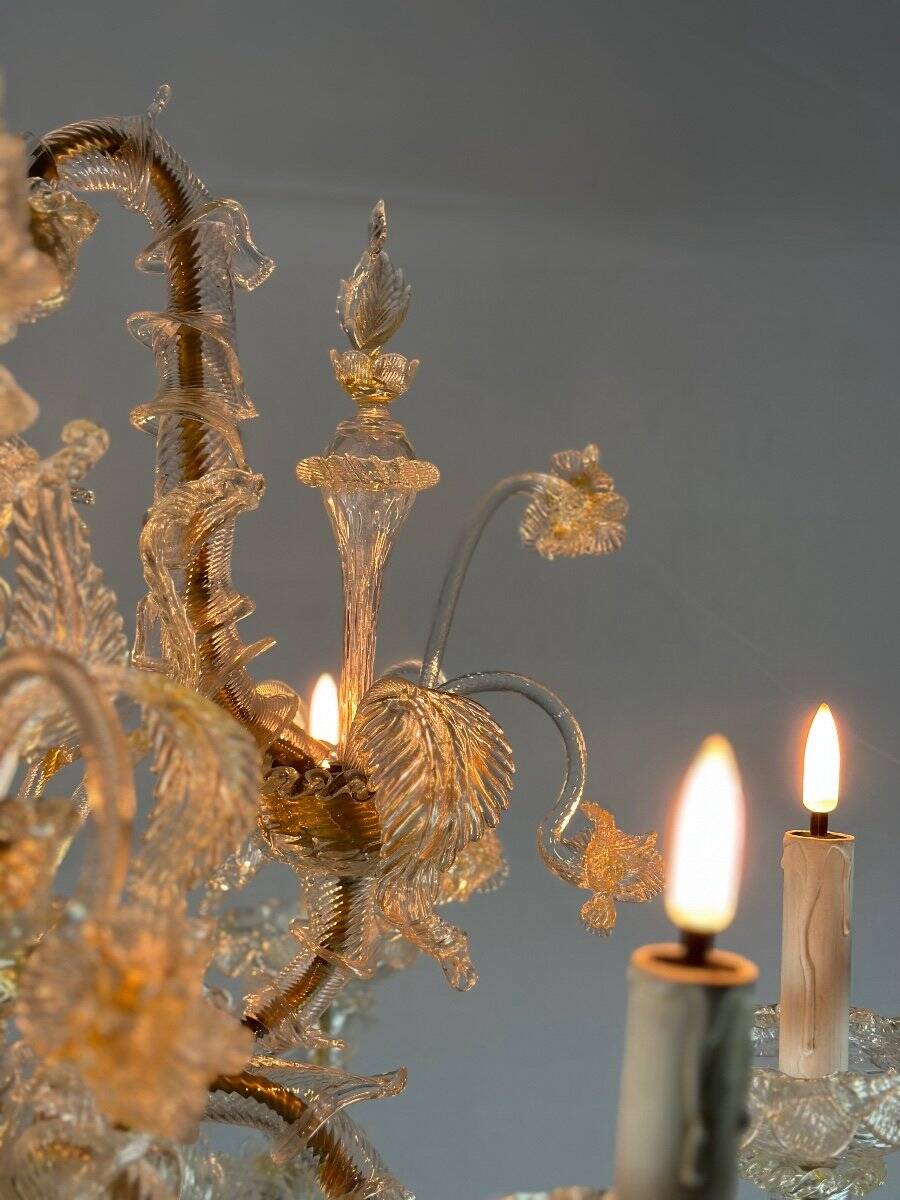 Venetian rezzonico chandelier in golden murano glass, 6 arms of light circa 1930