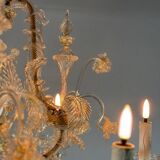 Venetian rezzonico chandelier in golden murano glass, 6 arms of light circa 1930