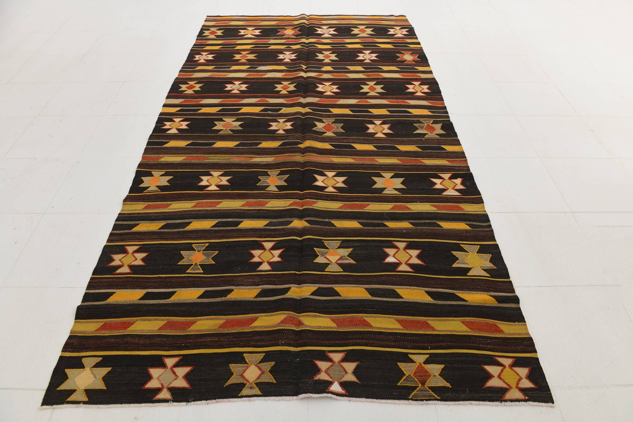 6x10 Dark Brown & Yellow Striped Handmade Wool Kilim Rug, 170x312 Cm