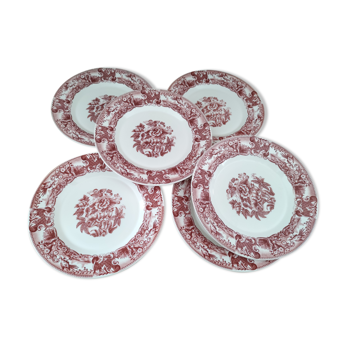 Lot de 6 assiettes plates vintage "RIvanel Made in France" en opaline décor régence rouge bordeaux