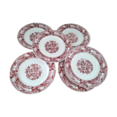 Lot de 6 assiettes plates vintage "RIvanel Made in France" en opaline décor régence rouge bordeaux