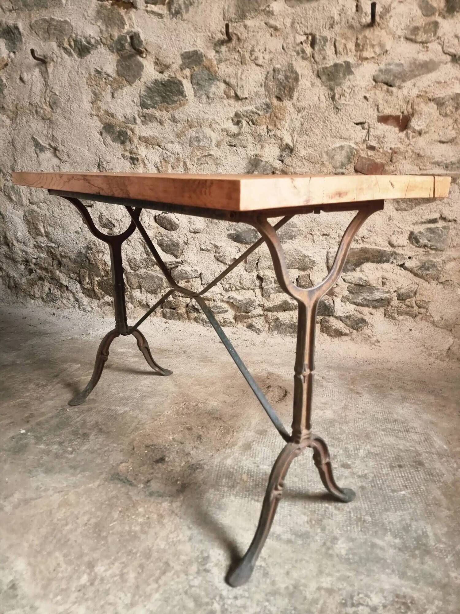 Vintage French Bistro Table | 1960s/70s Oak Top & Cast Iron Base | Retro Coffee & Wine Table