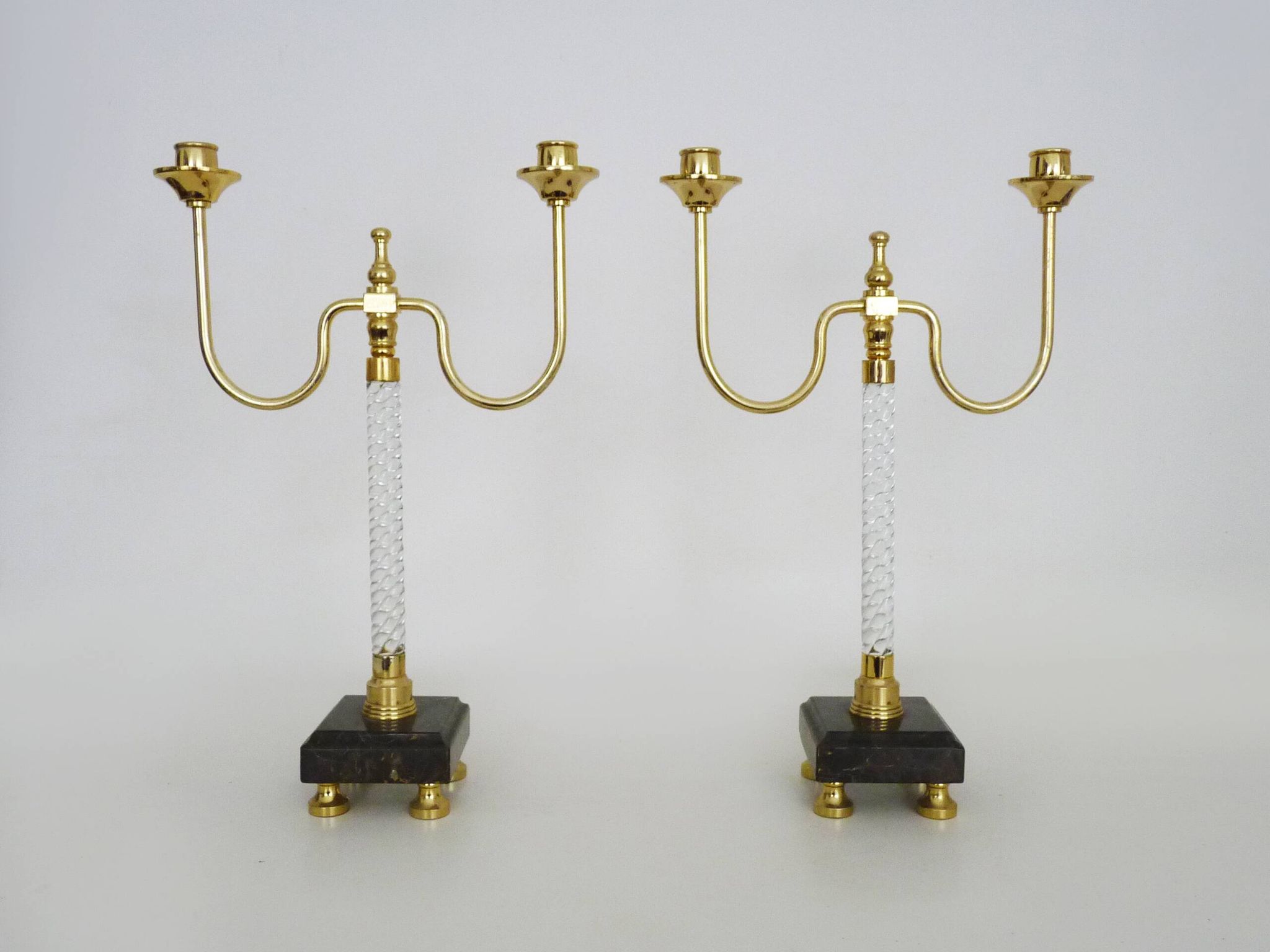 Pair of large candlesticks, Restoration style in brass, black marble, glass. 19th century