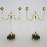 Pair of large candlesticks, Restoration style in brass, black marble, glass. 19th century