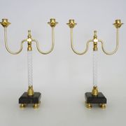 Pair of large candlesticks, Restoration style in brass, black marble, glass. 19th century