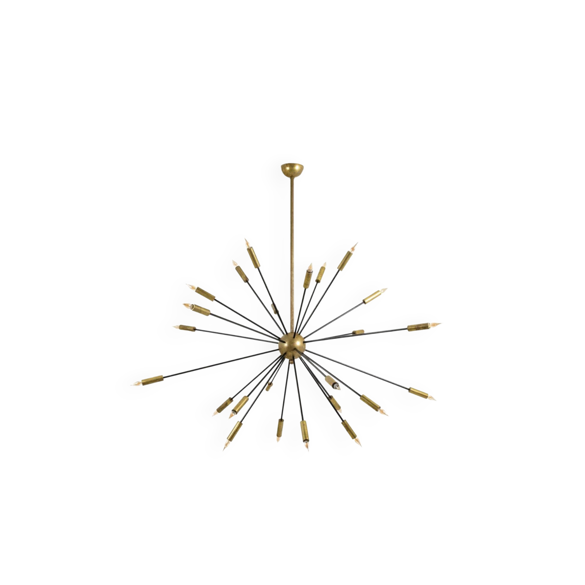 Sputnik-shaped chandelier in patinated gold-plated brass and black lacquer. Contemporary.