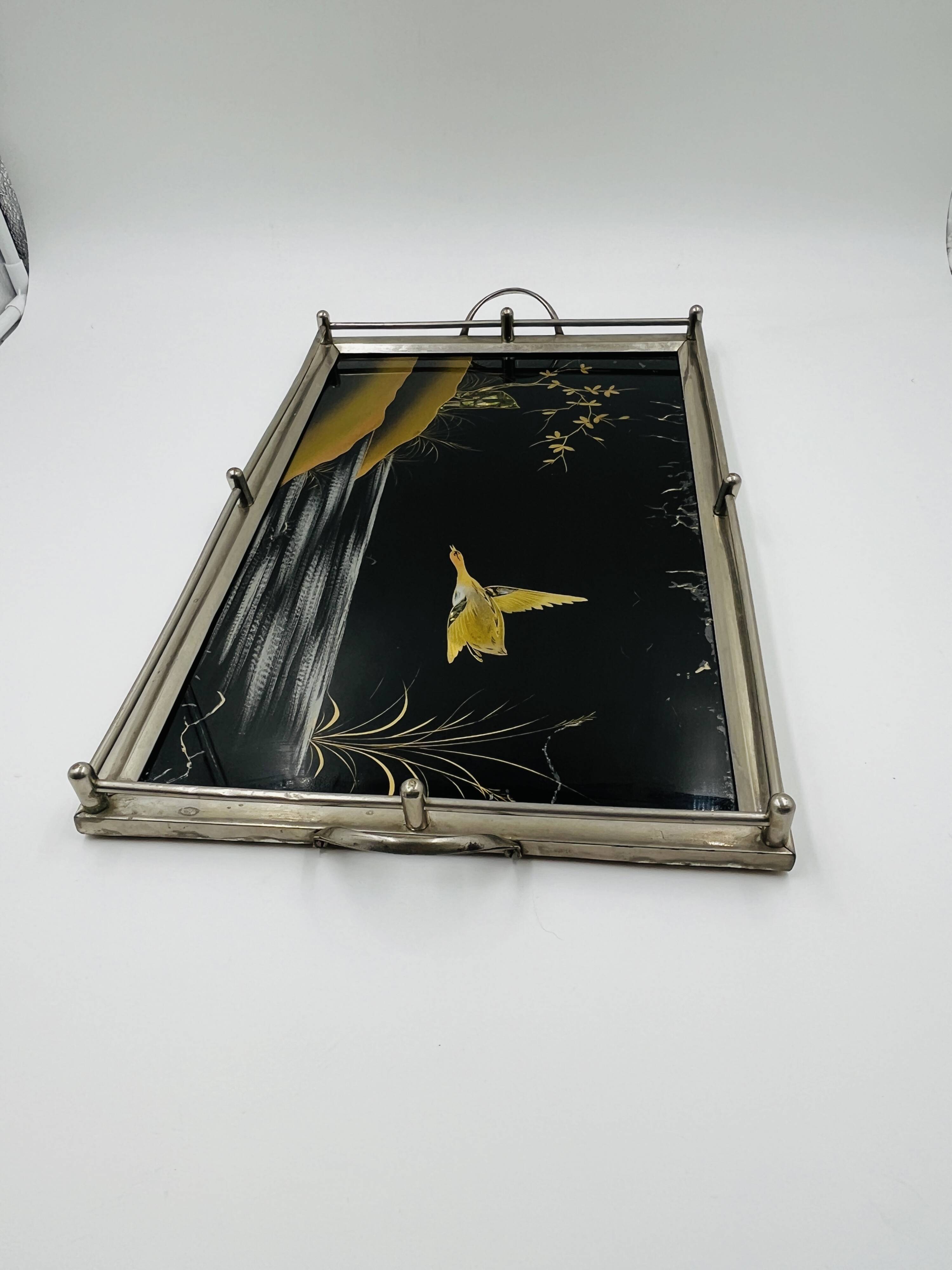 Plateau Art Déco en fixé sous verre et nacre