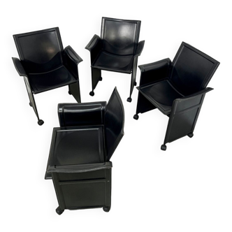 Lot of 4 old "Korium" black leather armchairs designed by Tito Agnoli for Matteo Grassi 1980
