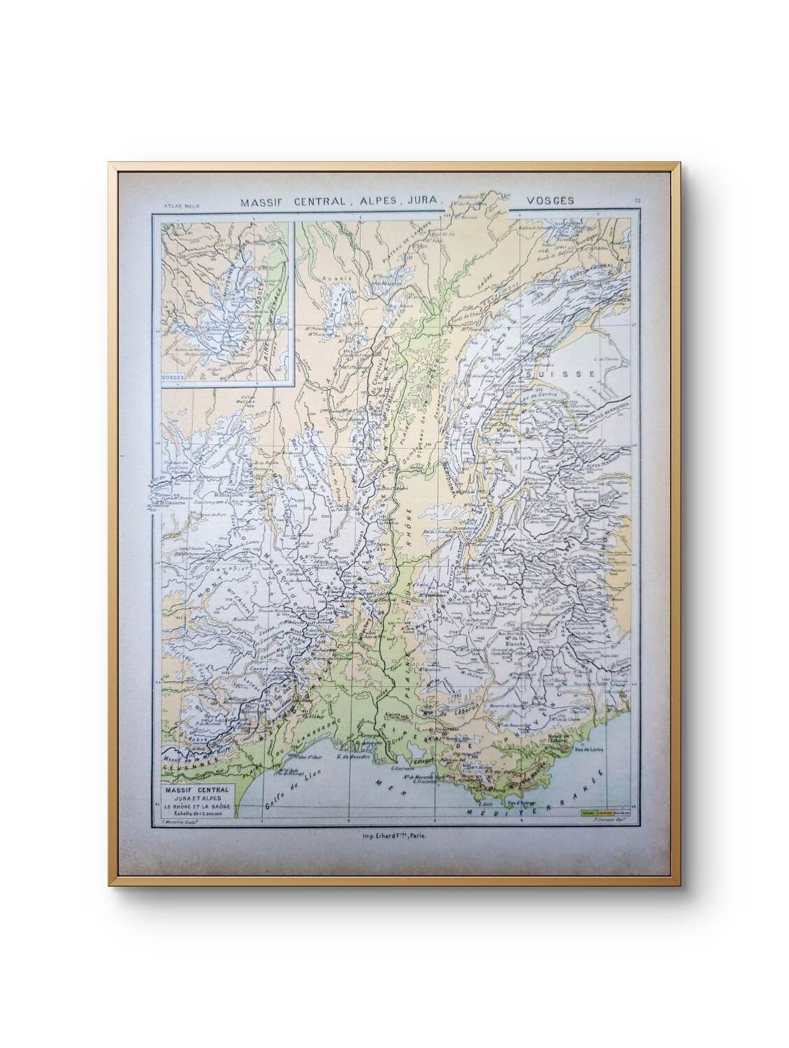 Map of the mountain ranges of France, original printed in 1896
