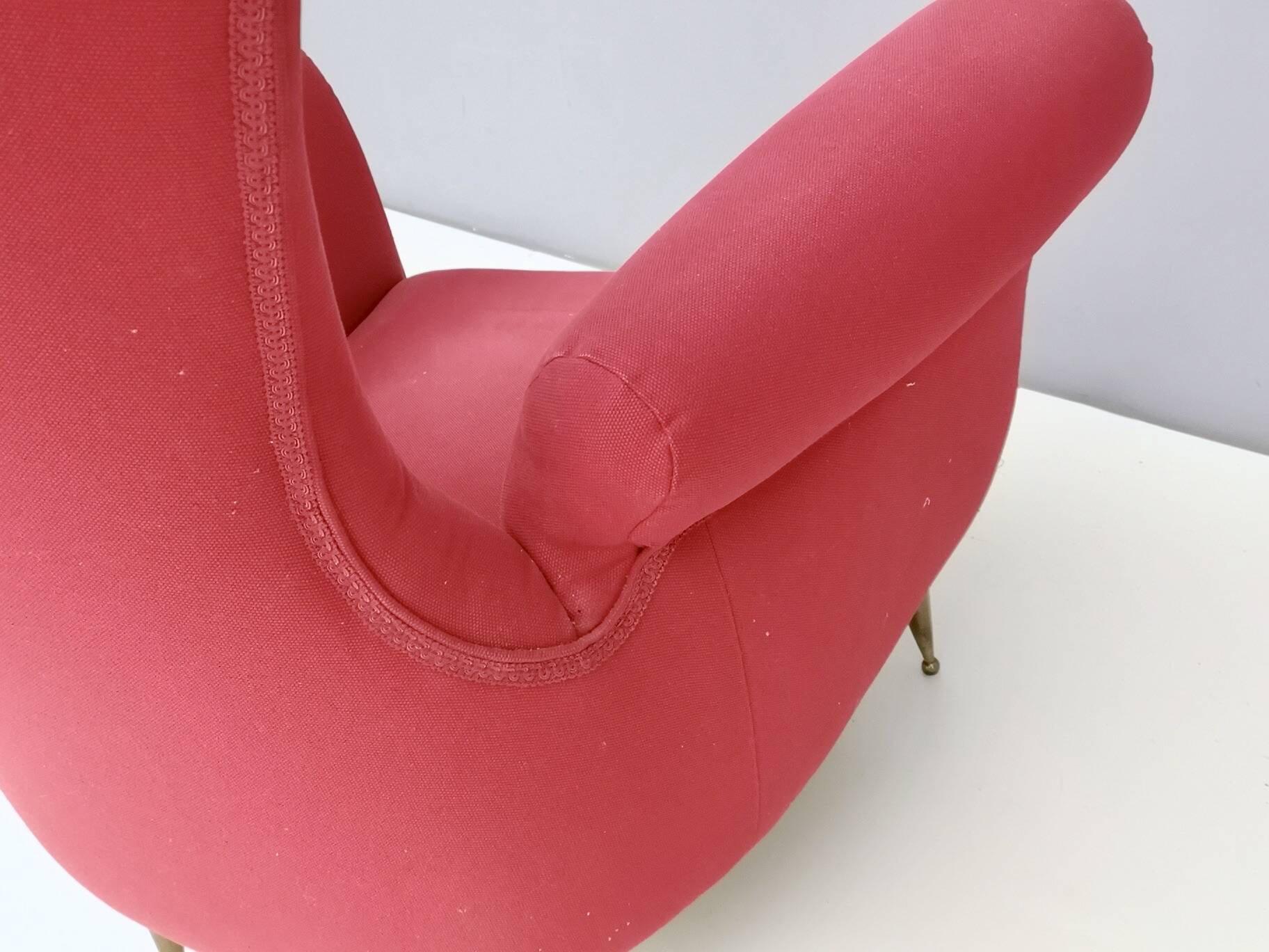 Wingback Red Cotton Armchair with Brass Feet, Italy