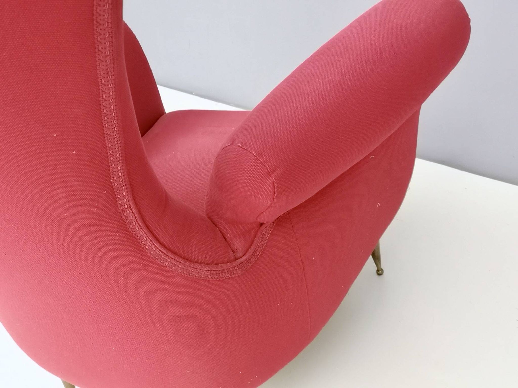 Wingback Red Cotton Armchair with Brass Feet, Italy