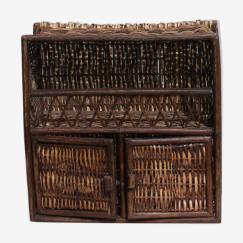 Doll cabinet in rattan and wood