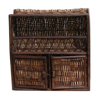 Doll cabinet in rattan and wood