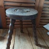Tabouret bois massif pieds tripode patiné dpmc 0923224