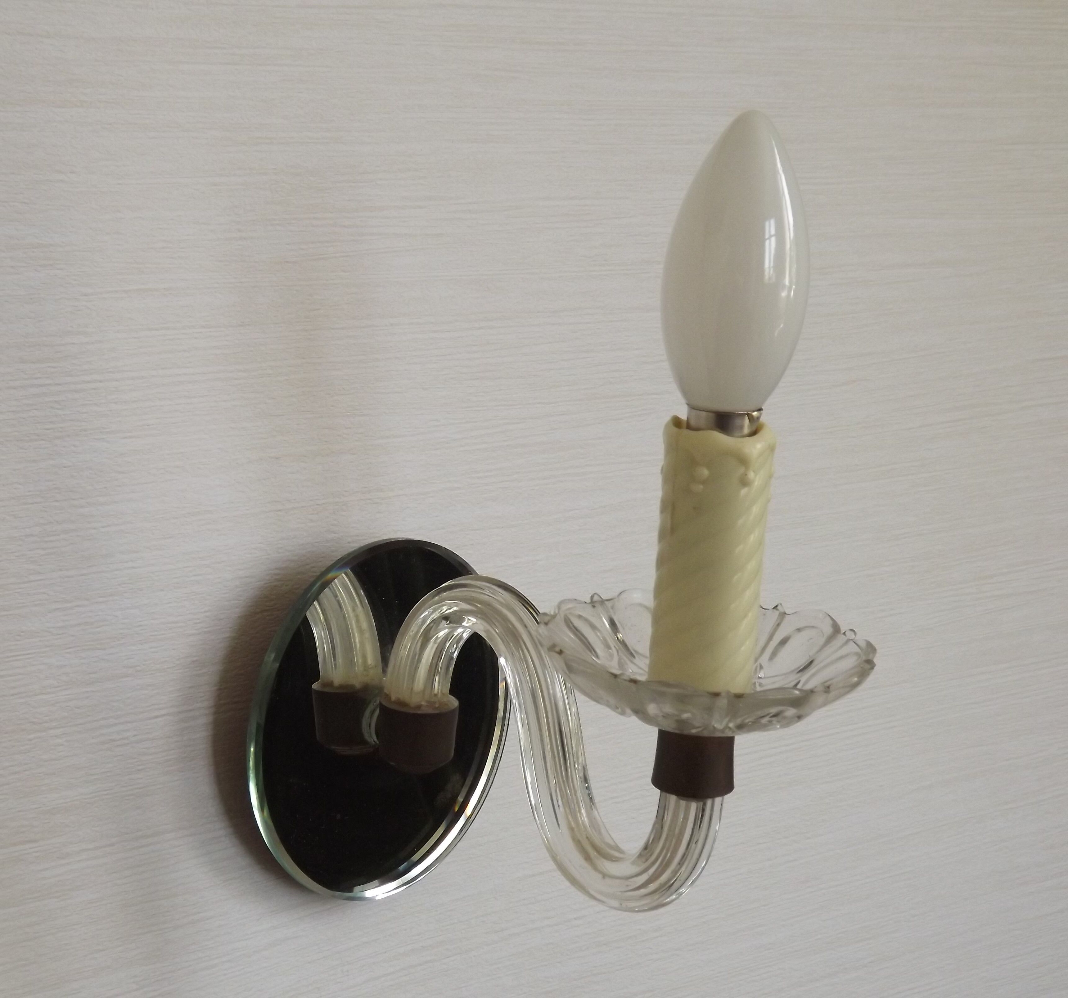 French Vintage Small Mirrored Backplate Wall Sconce Glass Arm & Bobeche