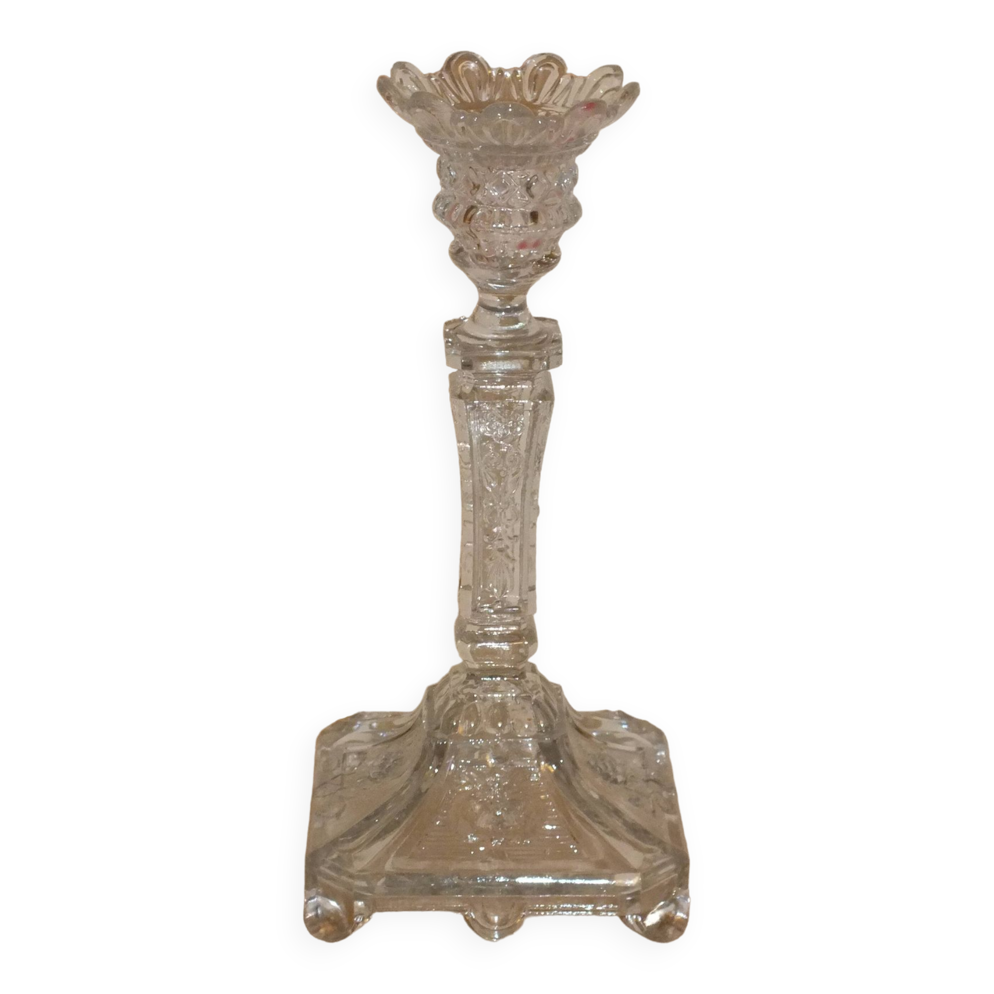 19th century candlestick in molded glass decorated with roses and lions