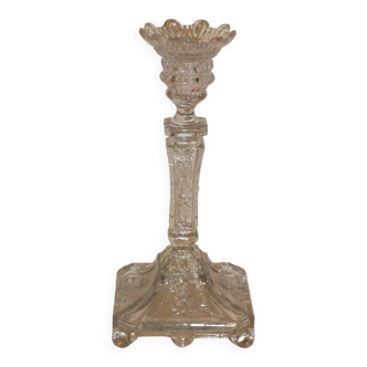 19th century candlestick in molded glass decorated with roses and lions