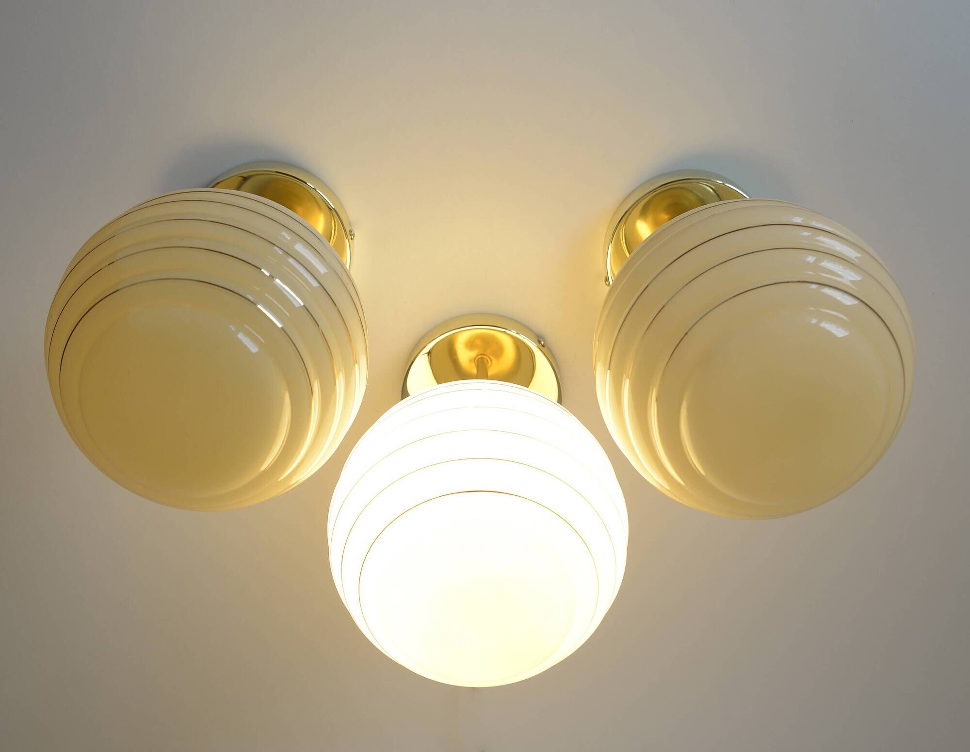 Set Of 3 Art Deco Semi Flush Ceiling Lights | 1940s Beige Hand Blown Glass