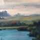 Grande peinture à l'huile vintage originale de paysage fluvial, vers 1960.