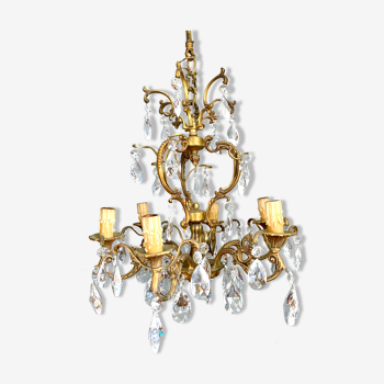 Lustre suspension en bronze et pampilles en cristal vintage