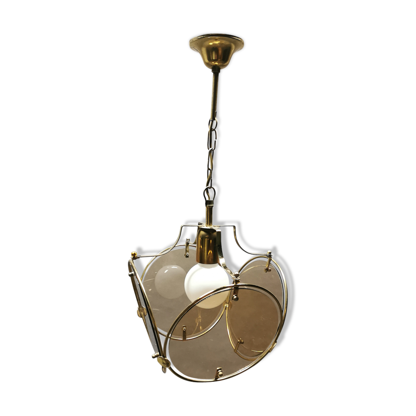 Suspension from the 70s in brass and brown smoked glass