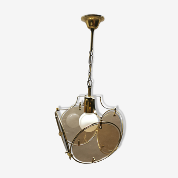 Suspension from the 70s in brass and brown smoked glass