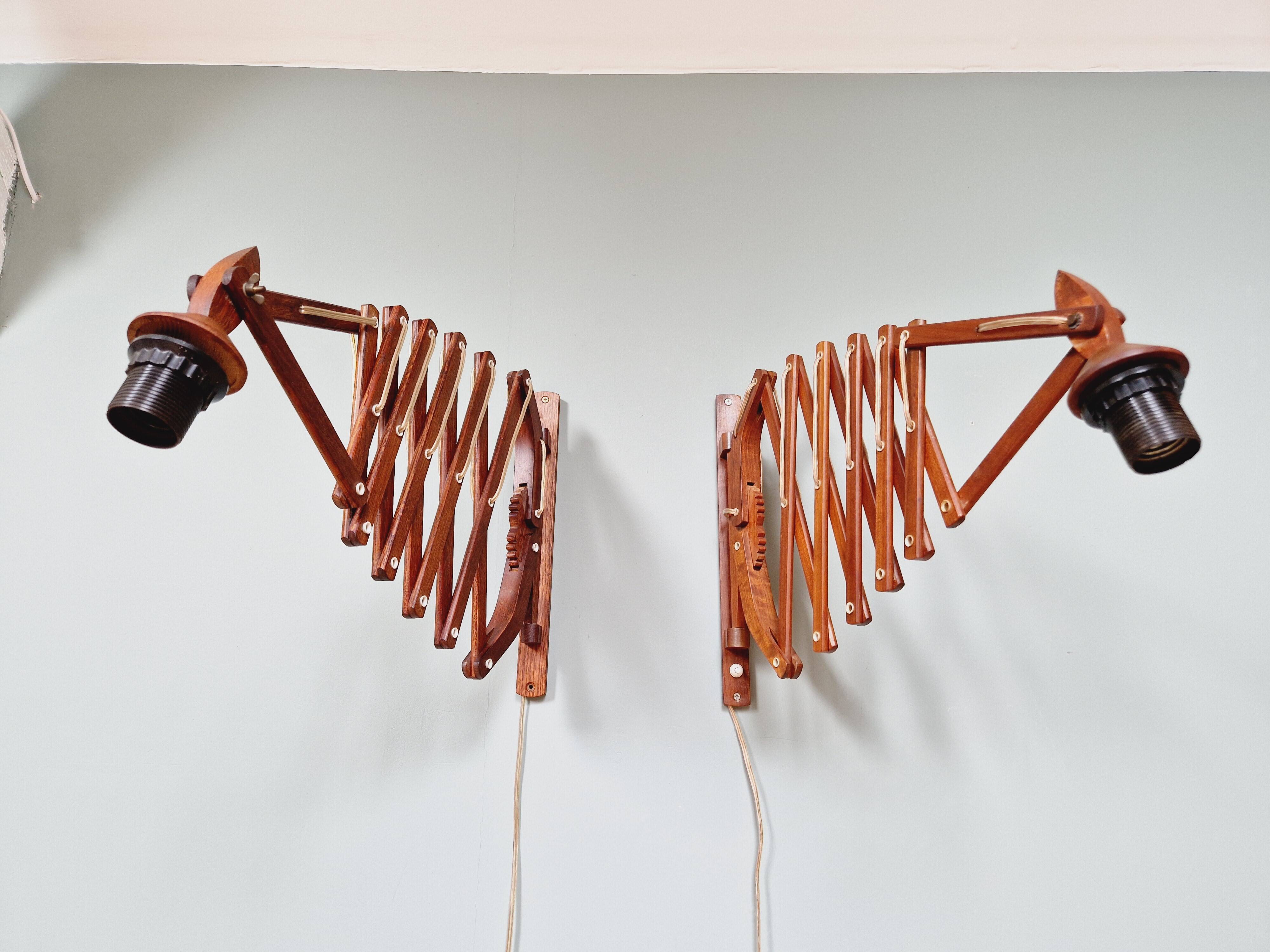 Pair of teak scissor wall lights, Scandinavian style, 1960s