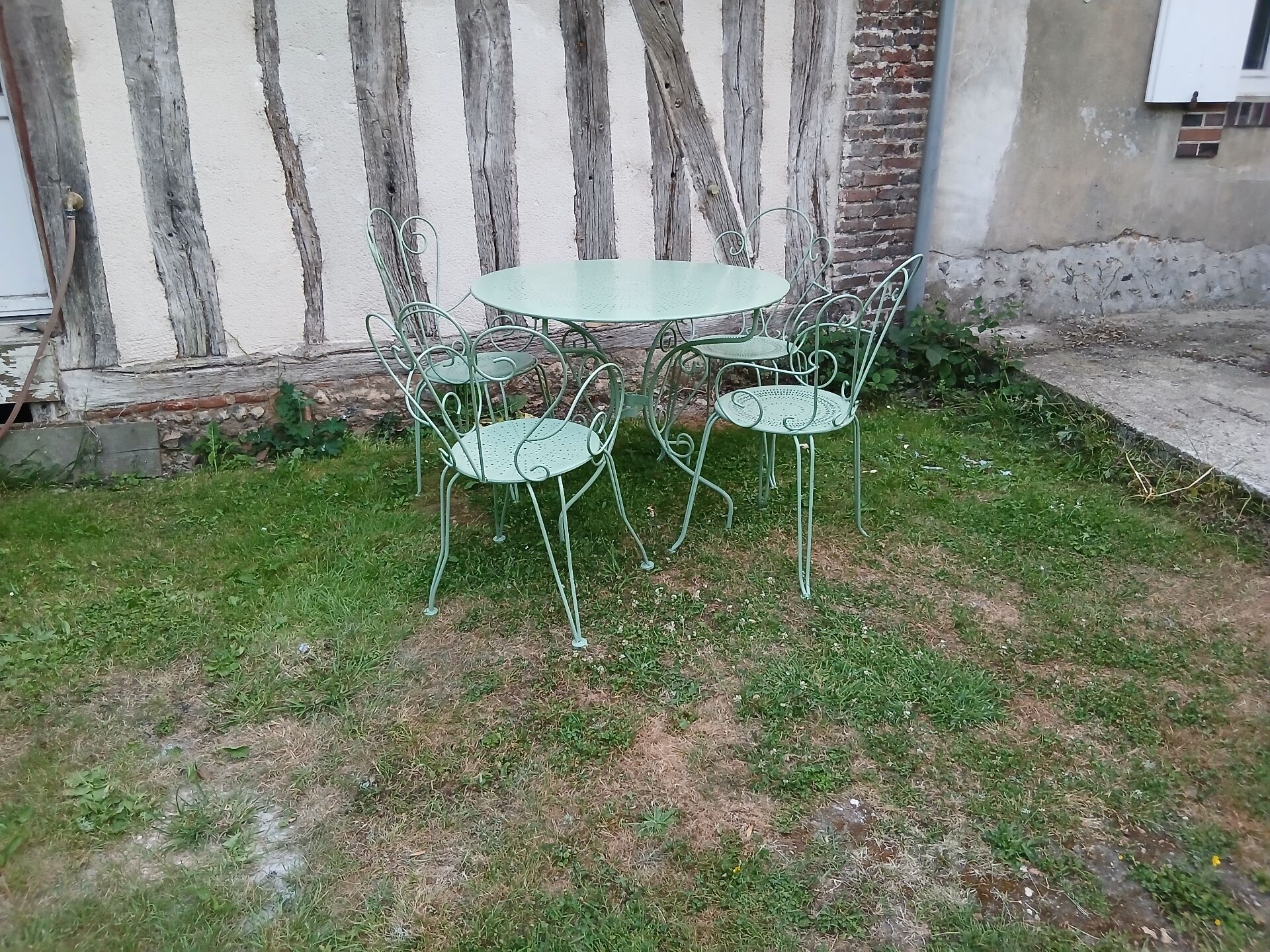 Salon de jardin 1 table 4 fauteuils fer forgé ancien vert Provence