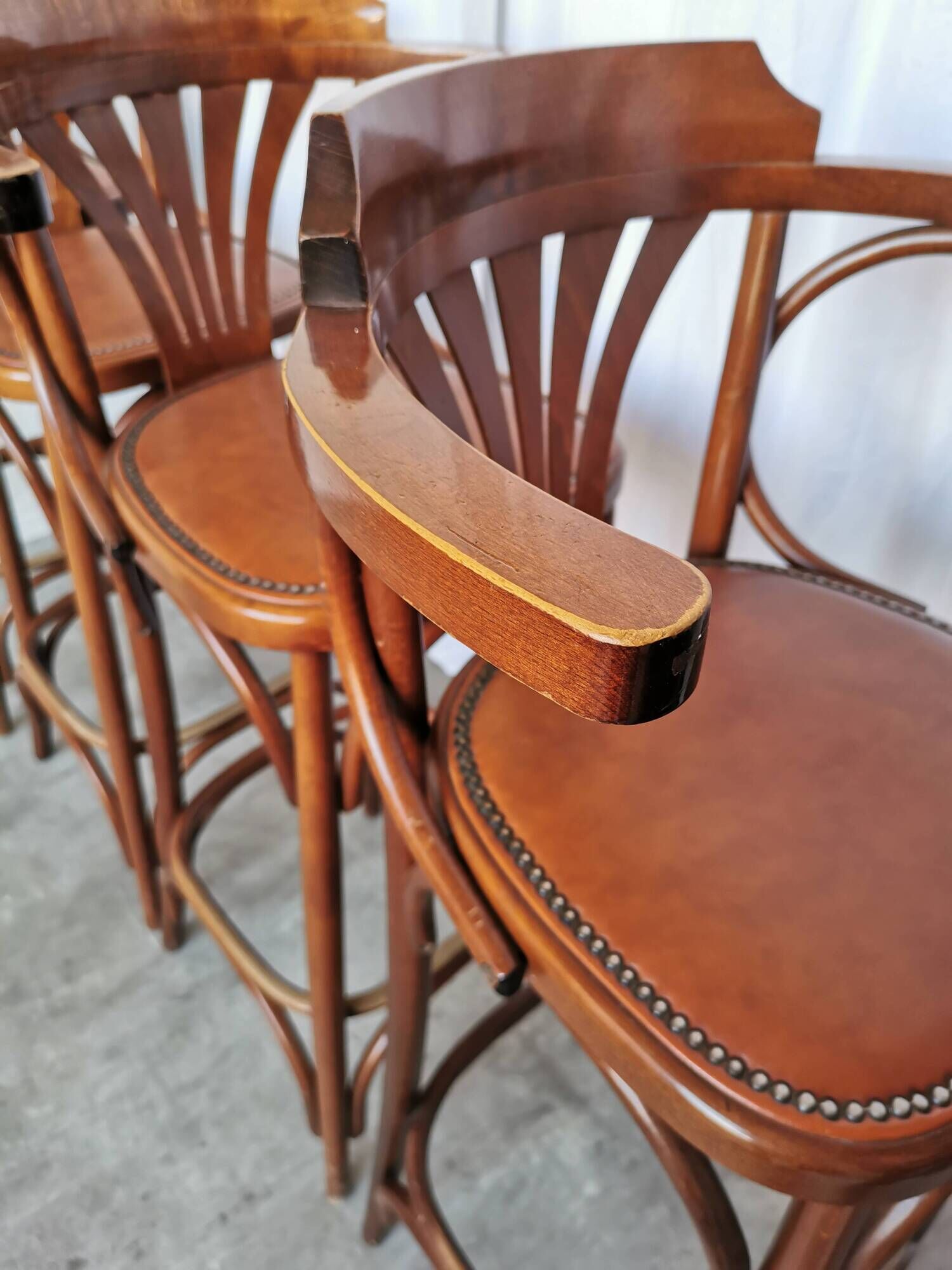 Set of 6 Vintage Bentwood Bar Stool Set: Brown Leather Seat, Nailhead Trim