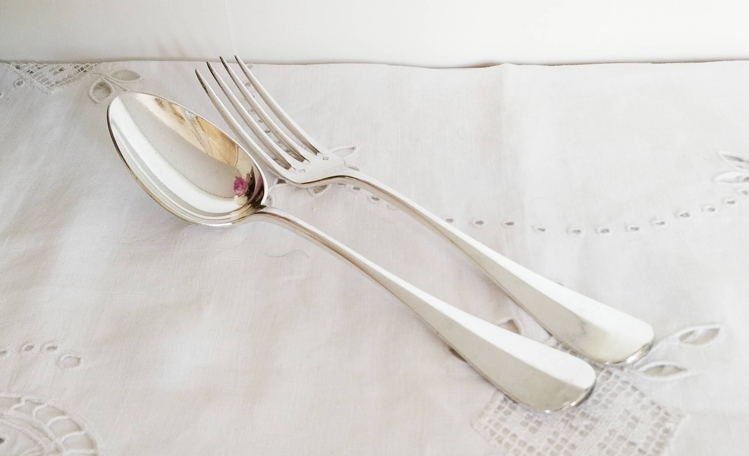 Silver cutlery set, 1 fork and 1 spoon, erenard