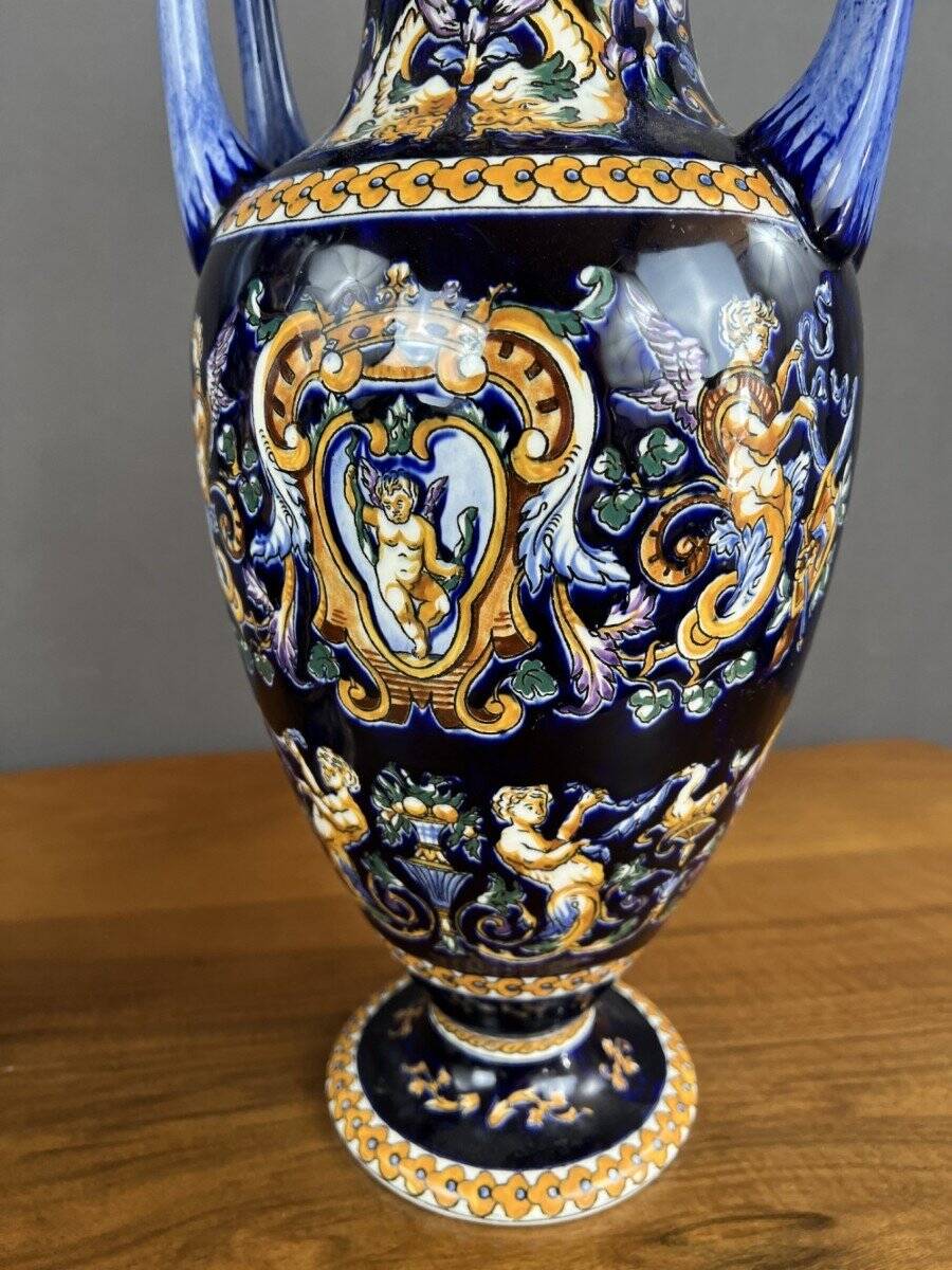 Pair of Gien Ceramic Vases Magnificent Renaissance Decor 20th Century