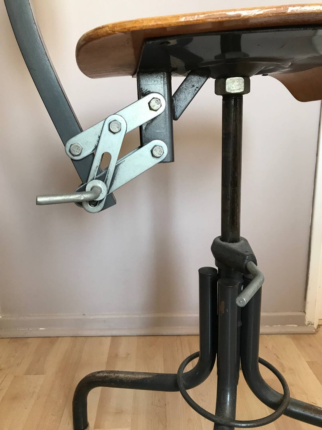 Vintage industrial workshop chair/stool in wood and metal