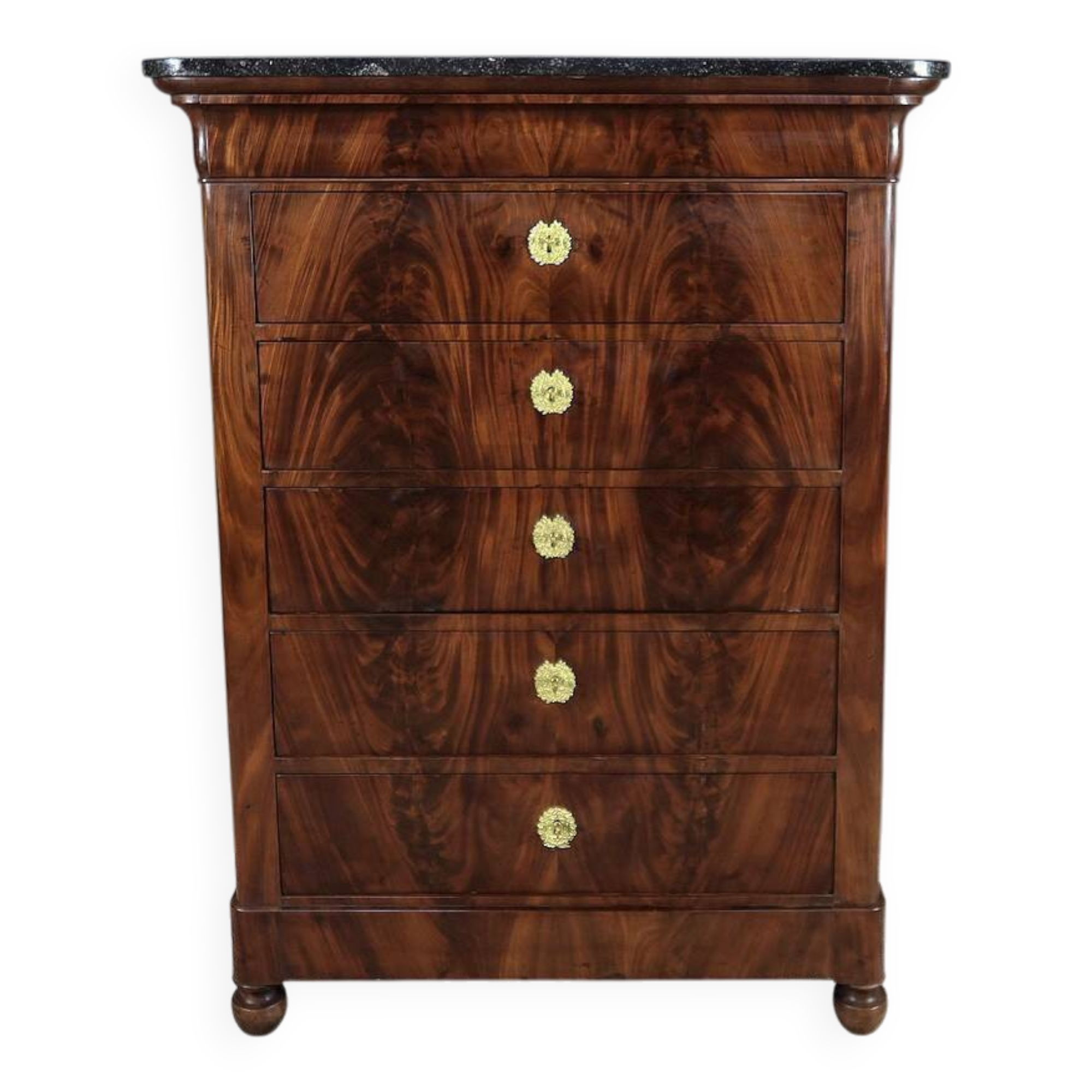 Mahogany burl chest of drawers, Restoration period – Early 19th century
