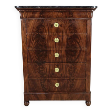 Mahogany burl chest of drawers, Restoration period – Early 19th century