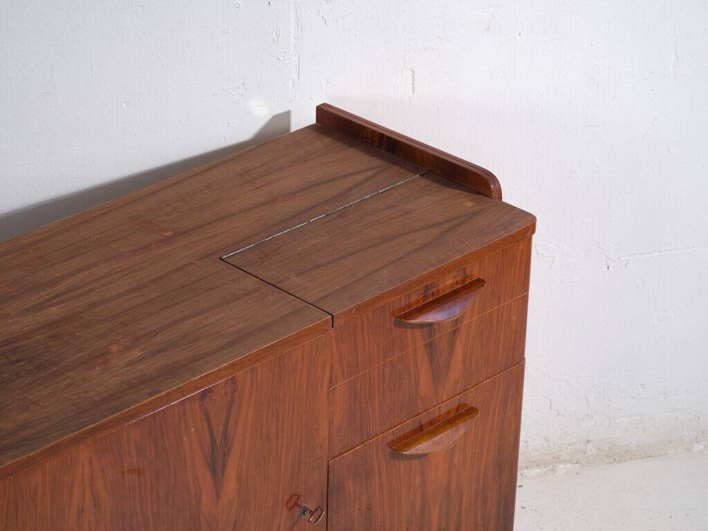 Mid-century walnut veneer sideboard with triangular handles – Czechoslovakia, circa 1960