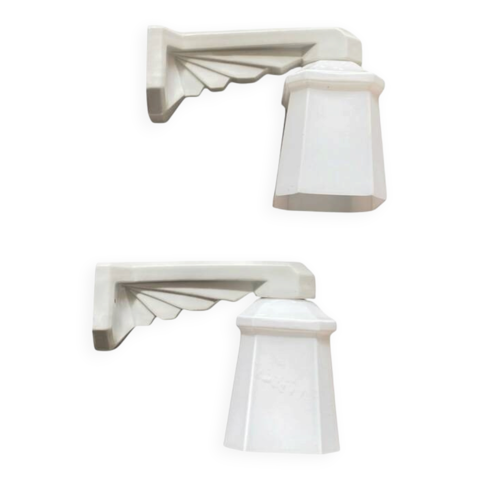 Pair of Art Deco wall sconces in ceramic with opaline glass shades.