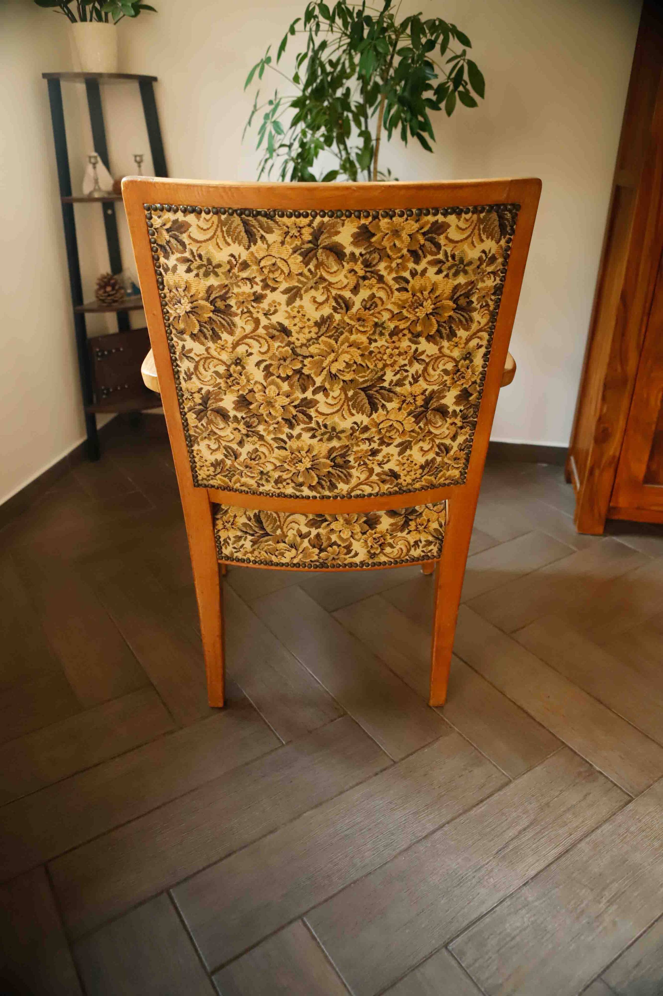 Vintage Salon Armchair with Floral Tapestry Upholstery and Scroll Armrests