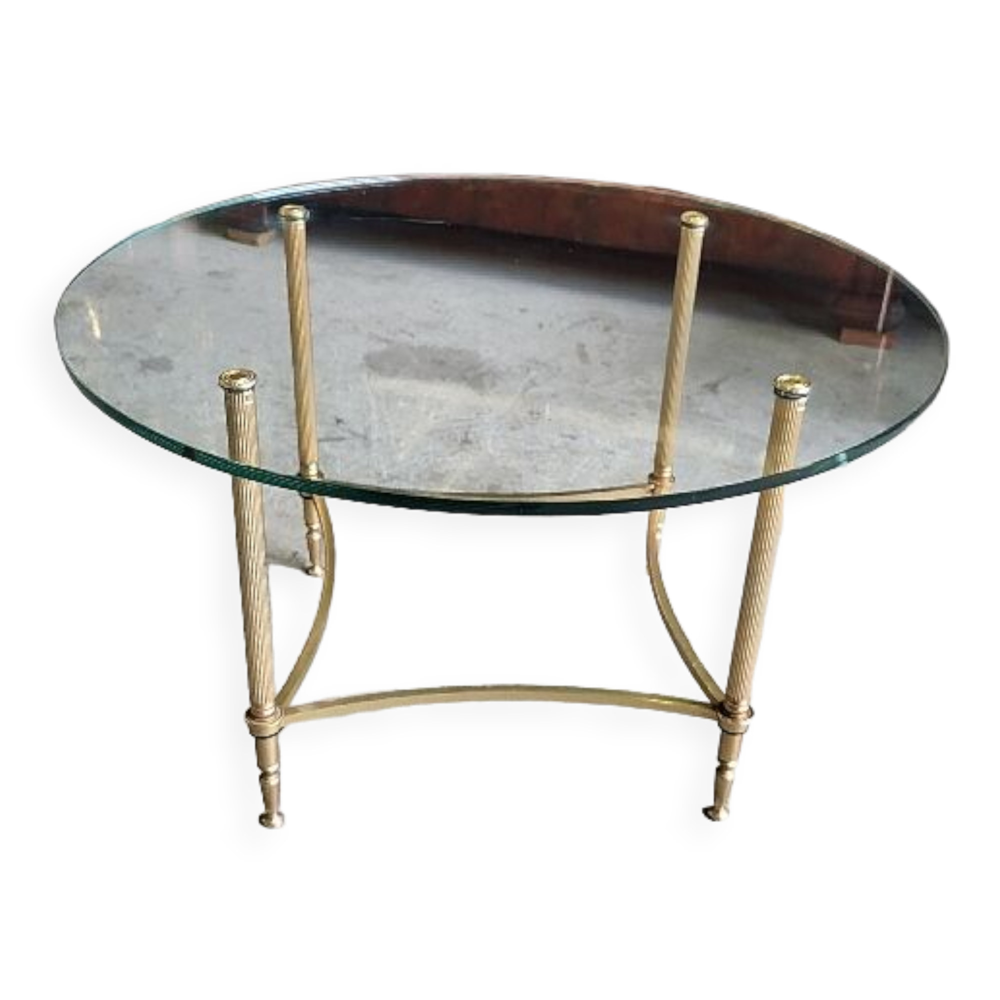 Coffee table round glass tray and brass legs