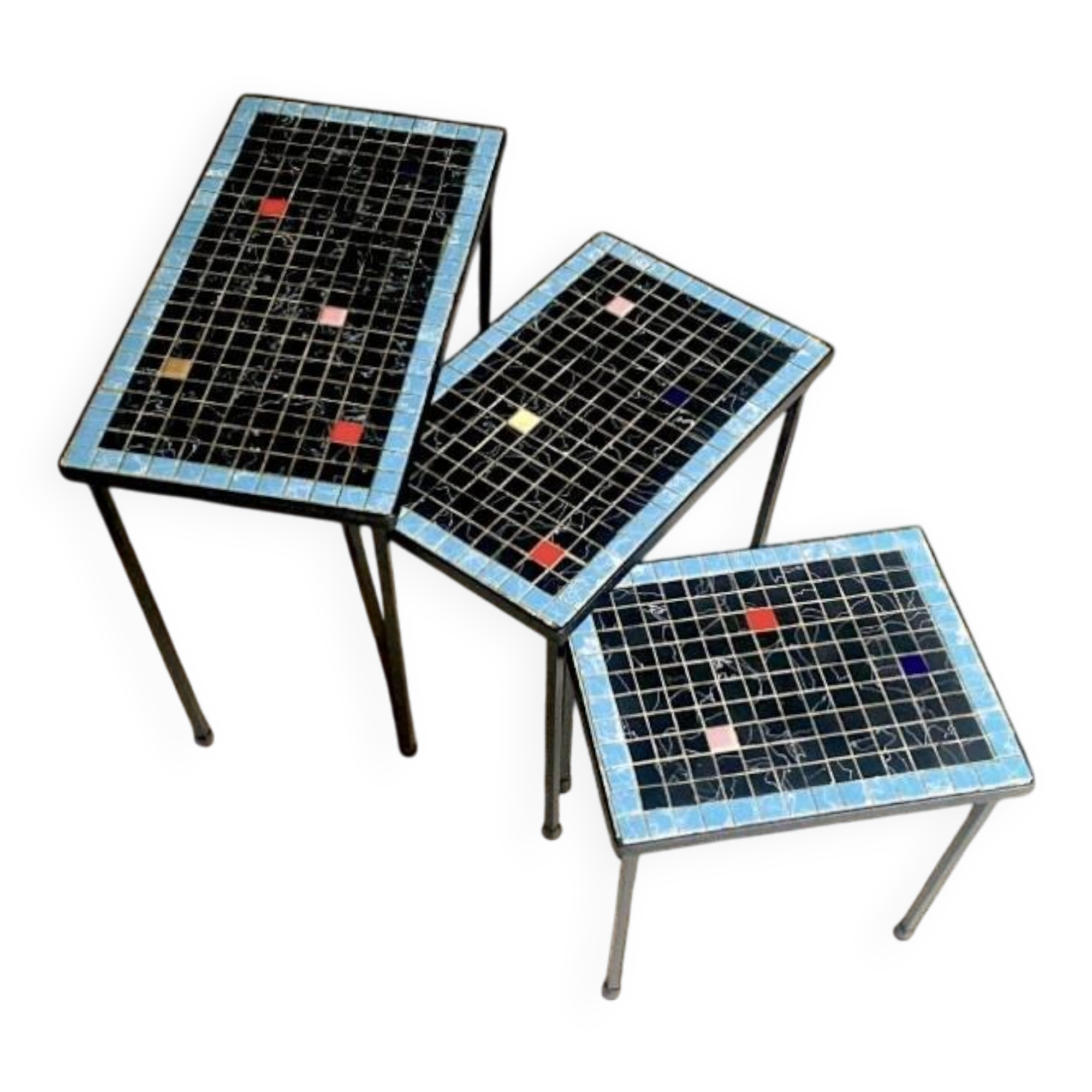 Trio of vintage nesting tables in mosaic and wrought iron