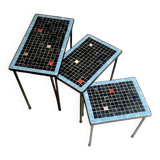 Trio of vintage nesting tables in mosaic and wrought iron