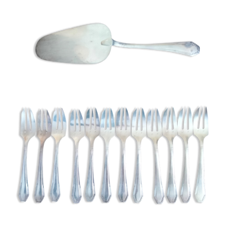 12 fourchettes à gâteau coupantes et pelle à tarte en métal argenté Orbrille