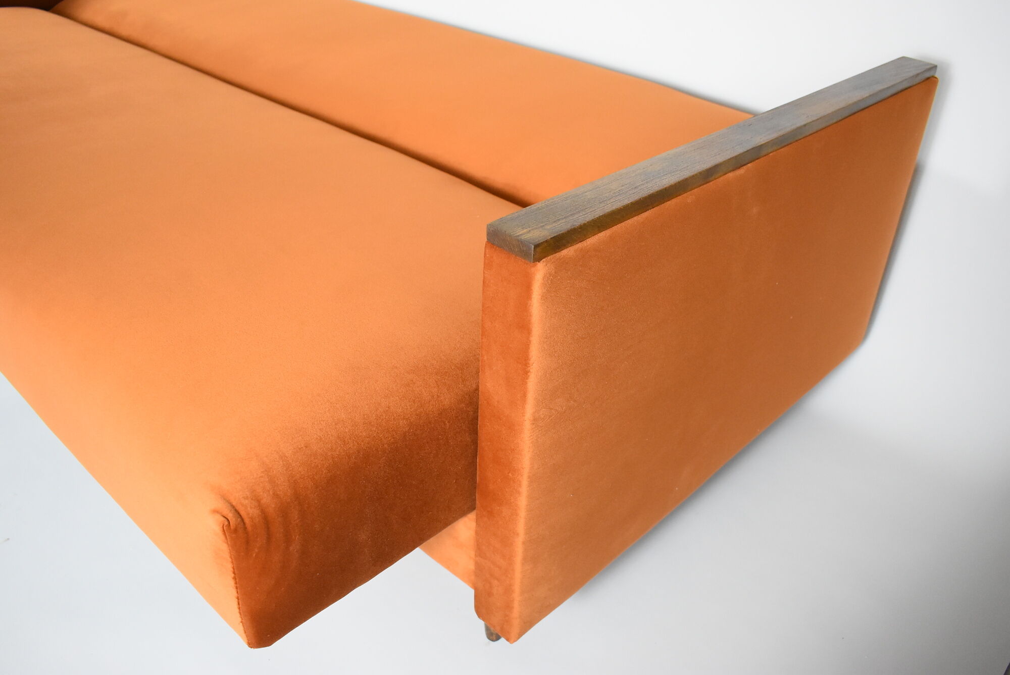 Vintage sofa, convertible couch, fully restored, 1960s, russet orange velvet
