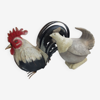 Rooster metal + hen terracotta