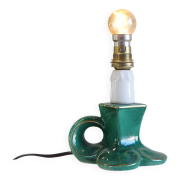 Lampe française vintage en céramique verte et dorée