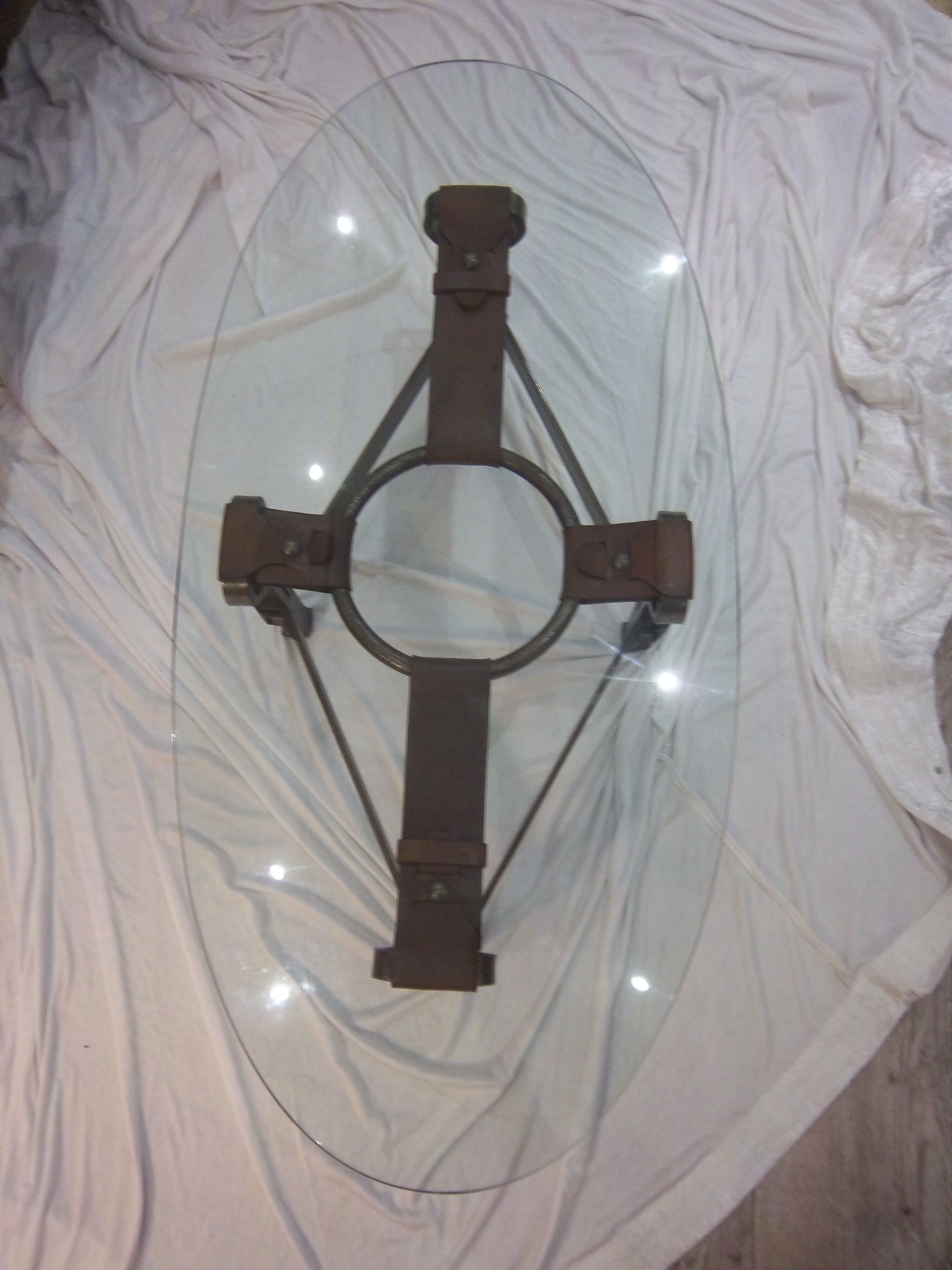 Year 1970 in wrought iron, leather and glass table